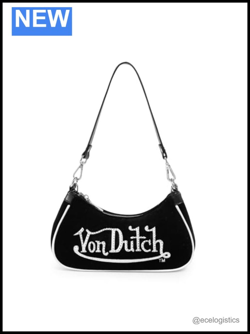 Von Dutch Velvet Shoulder Bag Rhinestone Logo Baguette Purse